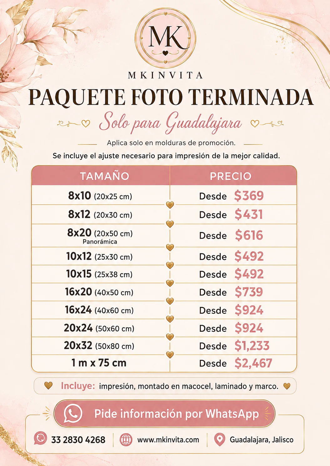 Lista de tamaños y precios del servicio Foto Terminada MKINVITA